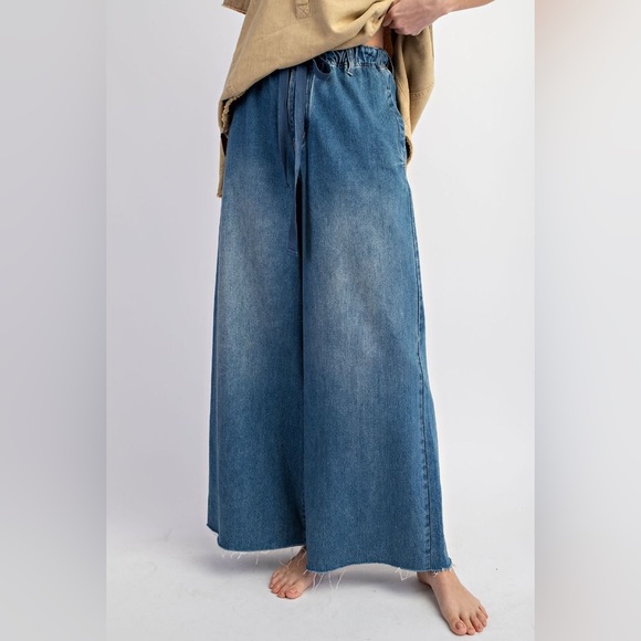 NEW IN WASHED DENIM WIDE LEG DRAW STRING JEANS PANTS - Picture 3 of 6
